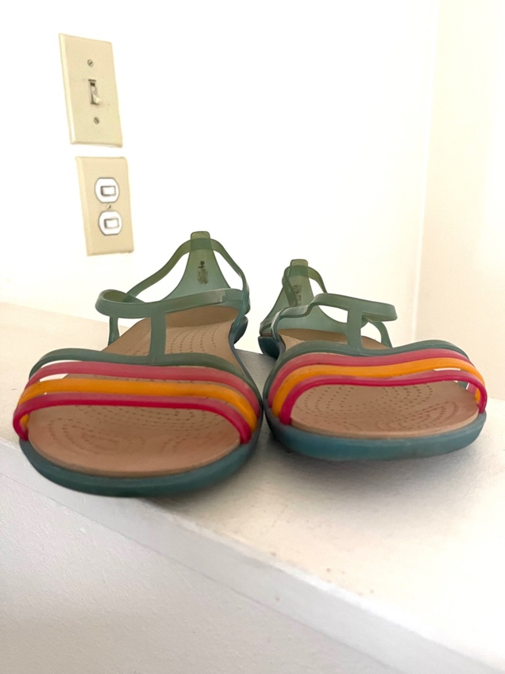Vintage Women’s Green Strappy Iconic CROCS Sandals with Orange & Yellow Accents - Picture 5 of 9
